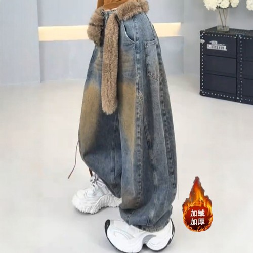 高街美式加绒加厚弯刀牛仔裤女秋冬新款立体裁剪高腰宽松阔腿长裤