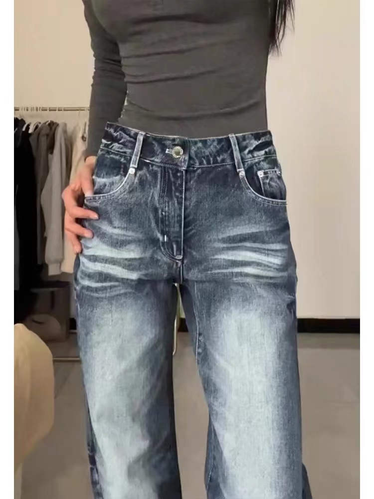 宽松牛仔裤常规高腰牛仔裤长裤子