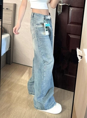 复古蓝色直筒牛仔裤女2025年秋冬新款小个子阔腿高腰宽松显瘦裤子