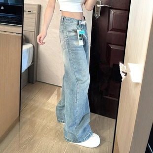 复古蓝色直筒牛仔裤女2026年秋冬新款小个子阔腿高腰宽松显瘦裤子