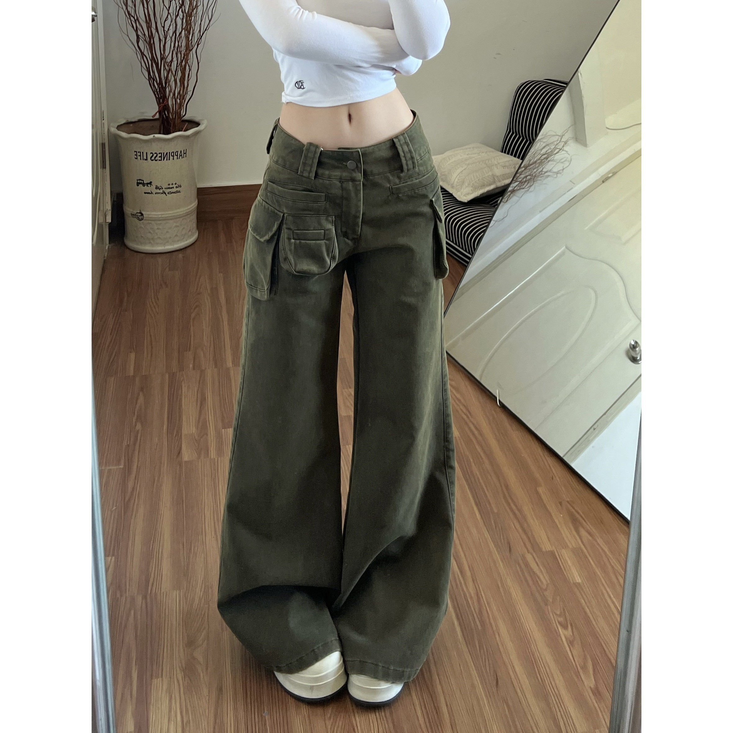 美式复古低腰微喇牛仔裤子女2026年春季新款军绿色工装裤喇叭长裤,女装/女士精品,牛仔裤,淘宝优惠券,粉丝福利购,淘宝优惠卷