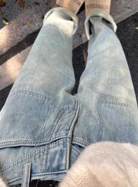 秋冬新款加绒加厚宽松直筒牛仔裤女复古浅蓝色水洗高腰阔腿长裤子