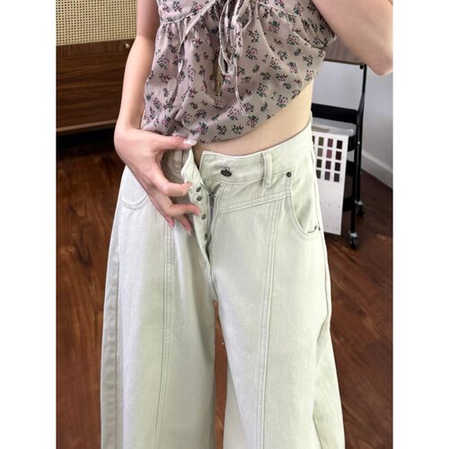 美式复古灰白色弯刀工装牛仔裤女夏季高腰宽松百搭休闲阔腿拖地裤