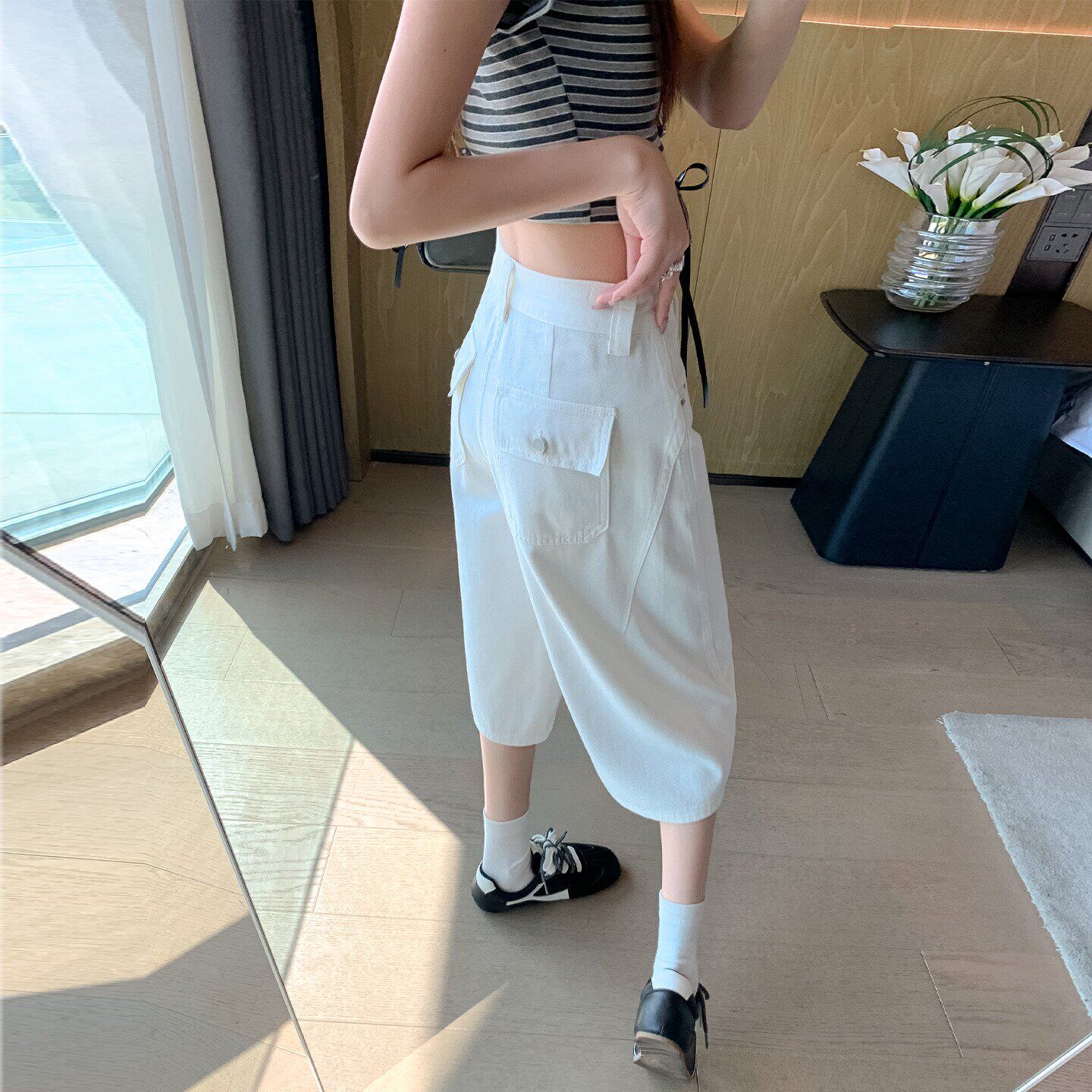 白色休闲百搭七分弯刀牛仔裤女2026夏季新款高腰显瘦阔腿七分裤子