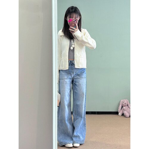 美式复古高街解构水洗蓝牛仔裤女2026夏季新款宽松显瘦直筒拖地裤