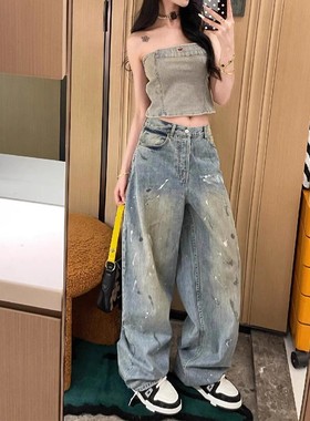 蓝色直筒泼墨牛仔裤女秋季窄版设计感小众高腰显瘦宽松阔腿裤子潮