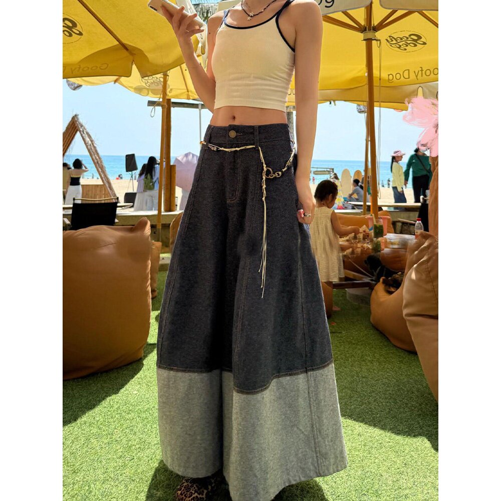 美式复古设计感拼接牛仔裤子女2026夏季宽松廓形剪裁九分阔腿裙裤