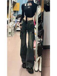 子女秋冬国潮vibe宽松口袋微喇叭长裤 美式 牛仔裤 做旧工装 复古美式