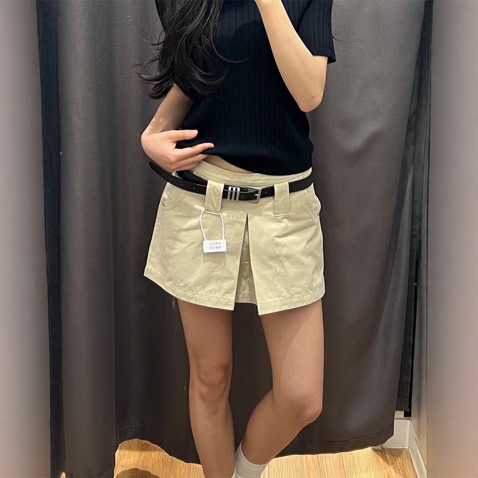 复古设计感压褶开叉工装半身裙女夏季新款低腰通勤A字裙休闲短裙