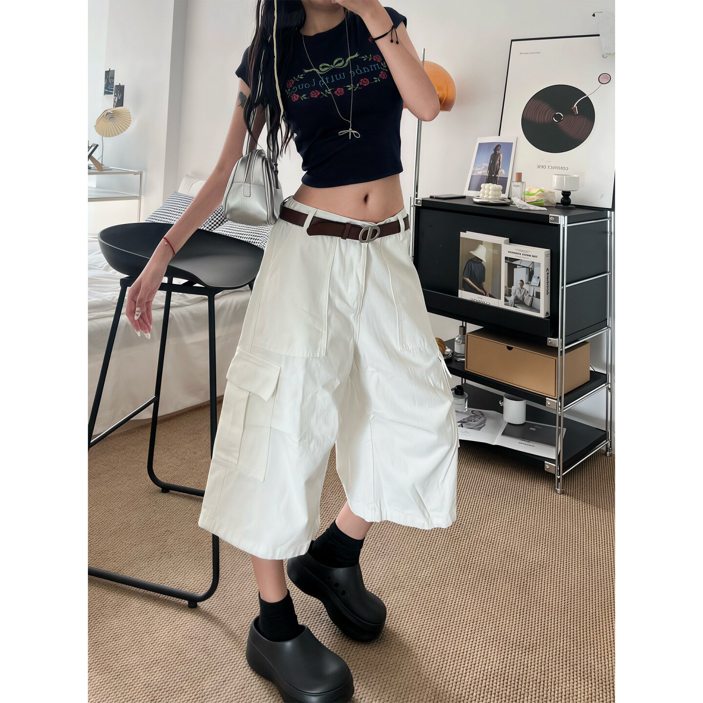 白色高腰工装阔腿七分牛仔裤女2026夏季宽松显瘦百搭直筒中裤子潮