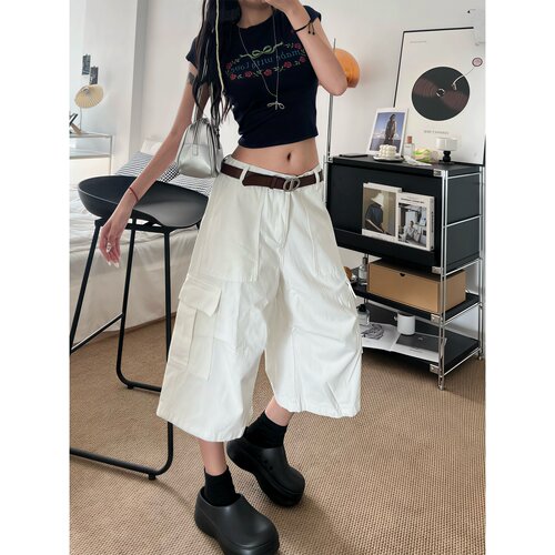 白色高腰工装阔腿七分牛仔裤女2026夏季宽松显瘦百搭直筒中裤子潮