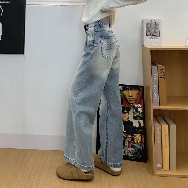 宽松牛仔裤高腰牛仔裤休闲长裤子