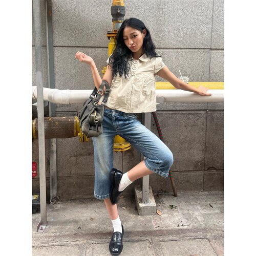 美式街头辣妹低腰微喇七分牛仔短裤女2026夏季修身显瘦百搭中裤子