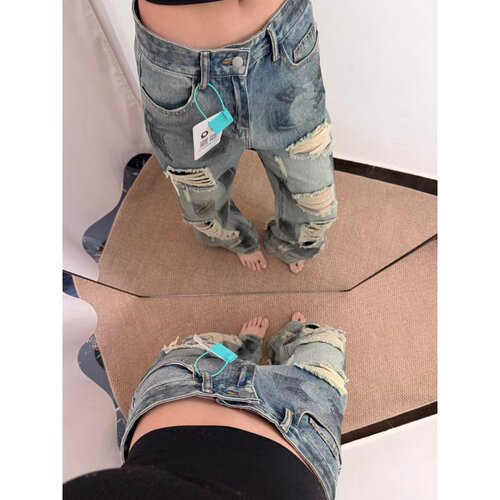 夏季新款扎染破洞牛仔裤女美式复古高街做旧脏脏裤水洗显瘦直筒裤