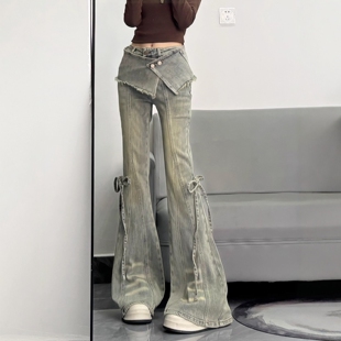 子女y2k千禧风假两件微喇叭拖地裤 美式 辣妹设计感做旧系带牛仔裤