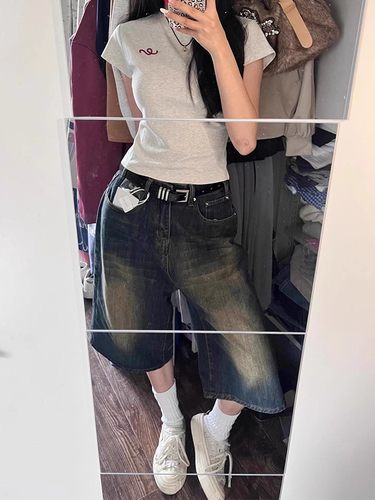 宽松牛仔裤常规高腰牛仔裤七分裤