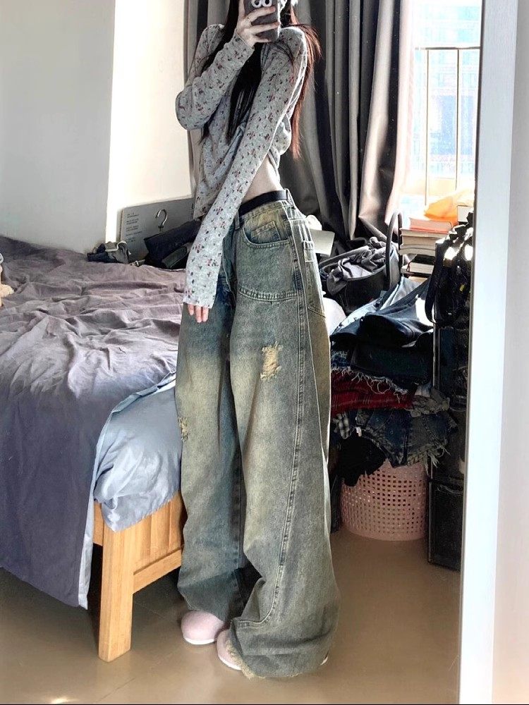 宽松牛仔裤常规高腰牛仔裤长裤子