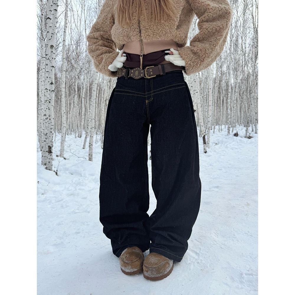 美式高街垂感弯刀牛仔裤女秋冬新款潮流宽松休闲百搭拖地长裤子潮