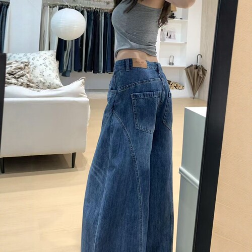 复古水洗美式高街立体裁剪廓形水洗弯刀牛仔裤女秋季新款拖地长裤