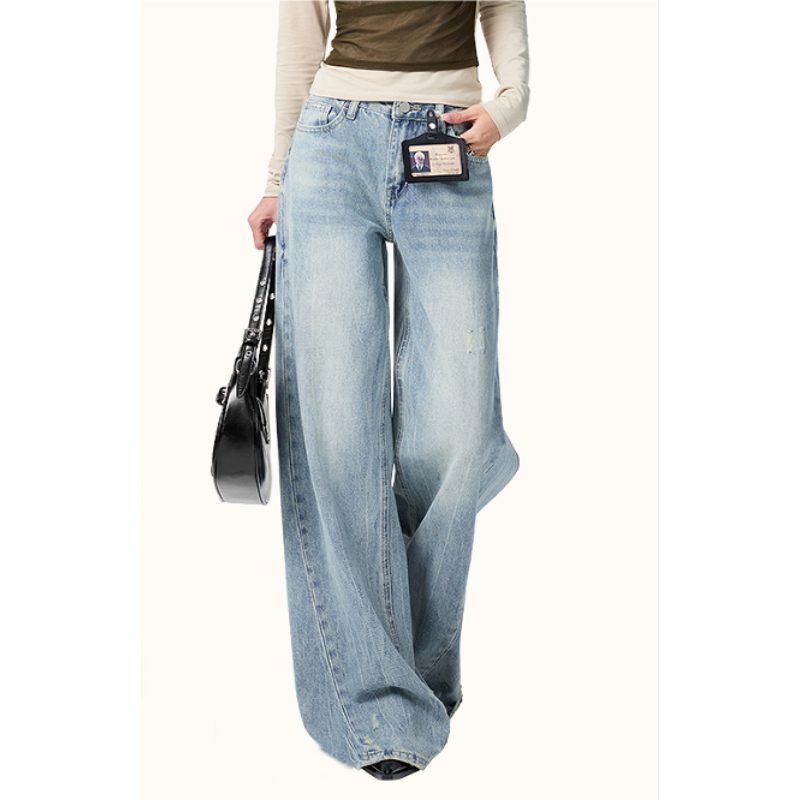 美式复古磨破设计高腰牛仔裤女秋冬宽松显瘦水洗垂感百搭阔腿裤子