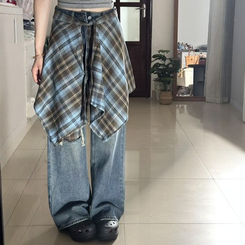 高街屁帘阔腿牛仔裤女秋冬新款显瘦高腰宽松复古假破洞直筒长裤子