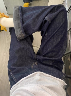 深蓝色加绒宽松直筒牛仔裤女秋冬新款美式复古高腰显瘦窄版阔腿裤