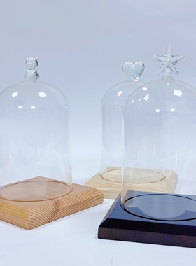 永生花顶饰防尘玻璃罩方形白蜡木底座花房黏土积木摆件桌面展示罩