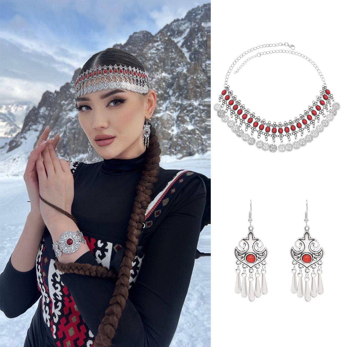 新疆民族风饰品哈萨克斯坦配饰钱币流苏耳环发饰额头链额饰项链