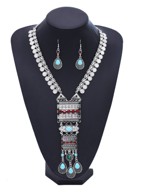 时尚钱币镶钻民族风项链耳环套装