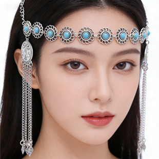 新疆哈萨克族复古花朵发饰女金属链条流苏头饰百搭配饰民族风项链