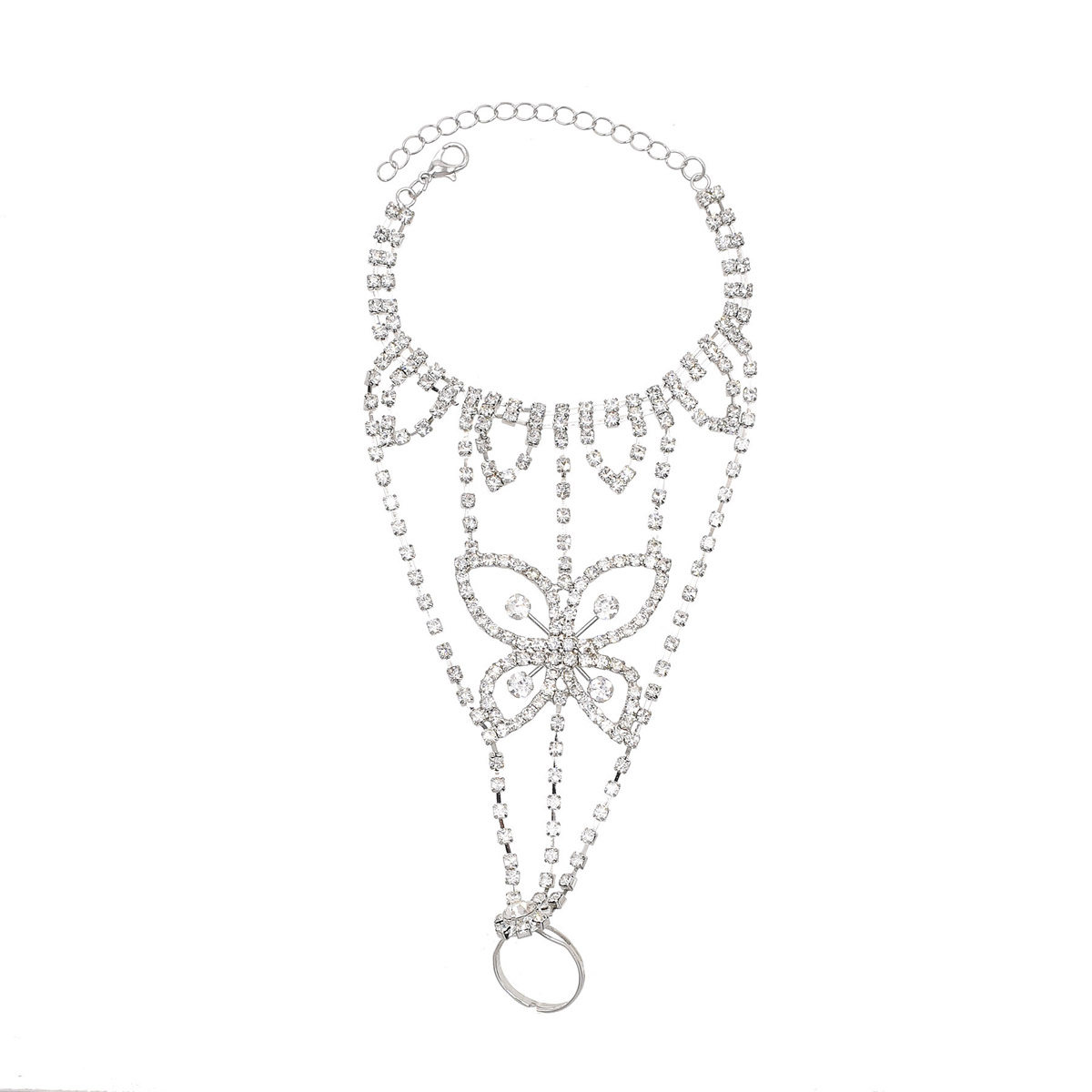 新款闪砖蝴蝶手链欧美夏季沙滩时尚复古轻奢水钻爪链连指脚饰饰品