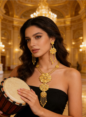 新款印度金色花朵流苏项链耳环女