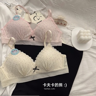 甜美舒适无钢圈显小胸聚拢三角杯文胸罩套装 法式 蕾丝波点内衣薄款