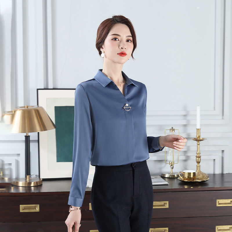 职业白衬衫女2019新款早秋免烫V衬衣气质正装长袖套装美容工作服
