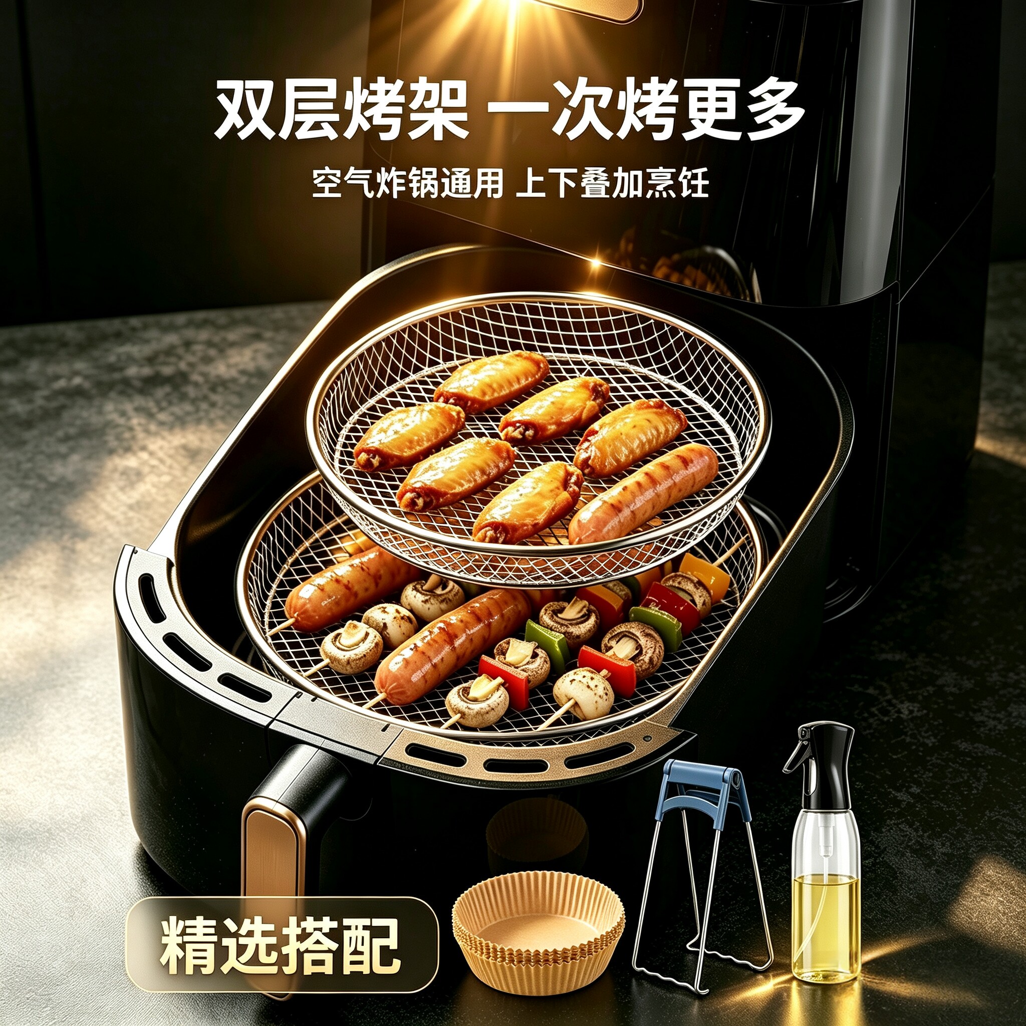 空气炸锅烤架内置不锈钢烧烤架烤网架子专用烤肉架支架烤盘分层架