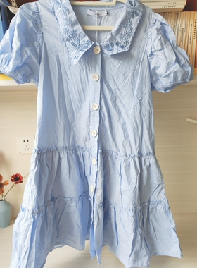 纯棉浅蓝色重工刺绣娃娃领连衣裙 长84胸96 M码 不退换