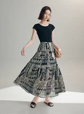 波西米亚度假风巨藏肉显瘦凉快细腻麻料大摆半身裙夏季25259