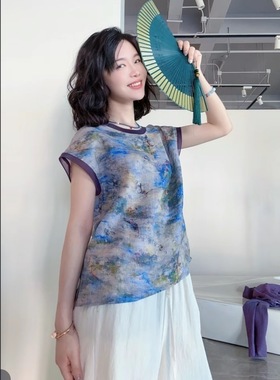 【兰庭蝶梦】莫奈油画垂顺质感汉麻圆领蕾丝拼接小衫T恤25260
