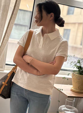 L家女装经典款拼接PoLo领女直筒T恤2541
