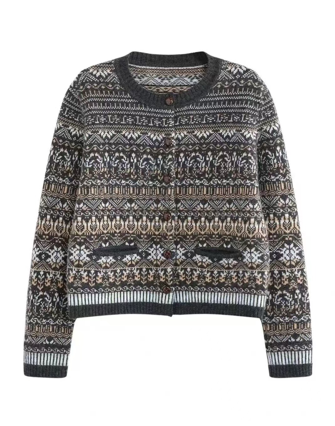 费尔岛提花开衫羊毛混纺长袖针织休闲宽松加厚保暖