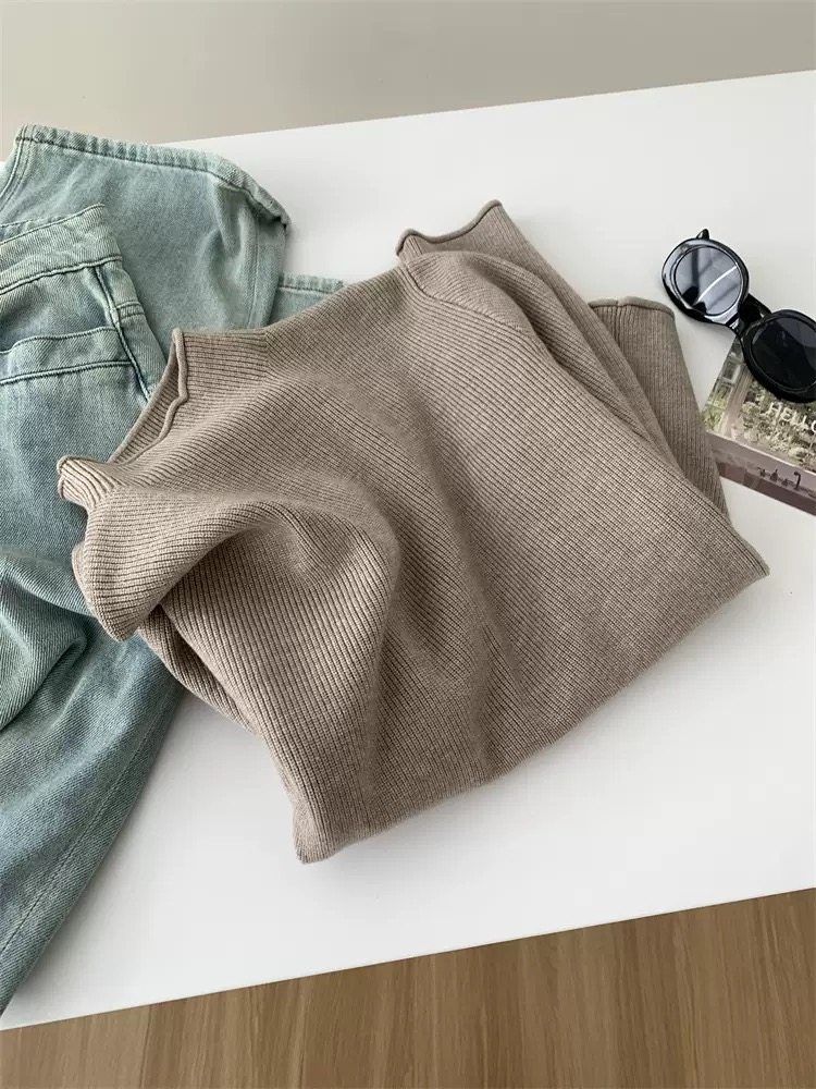 气质显白半高领卷边坑条毛衣女25秋冬宽松保暖基础百搭套头针织衫