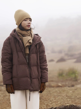 95白鹅绒连帽短款加厚羽绒服冬外套保暖时尚板栗鹅绒服23407