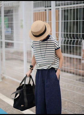 2025夏新品汉麻棉混纺针织法式条纹半包短袖T恤25107