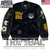 北京现货 Tribal Mister Cartoon 黑色棒球夹克 纯羊毛皮袖