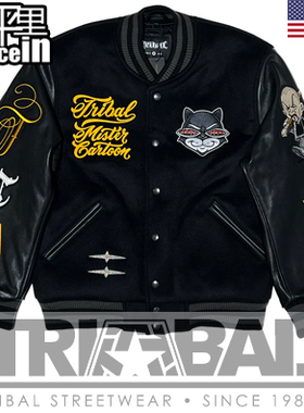 【北京现货】Mister Cartoon X Tribal 黑色棒球夹克 纯羊毛皮袖