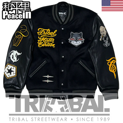 【北京现货】Mister Cartoon X Tribal 黑色棒球夹克 纯羊毛皮袖