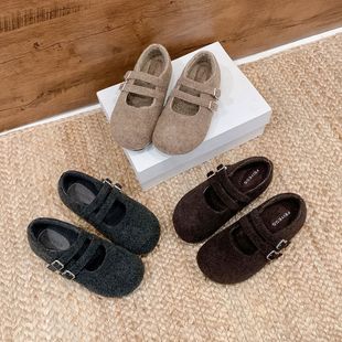 增高3.5cm 女鞋 圆头双扣带勃肯鞋 单鞋 毛呢玛丽珍毛毛鞋 葡萄ma同款