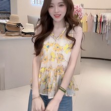 碎花无袖衬衫女2025新款夏季短款洋气卡腰小衫轻奢高级感雪纺上衣