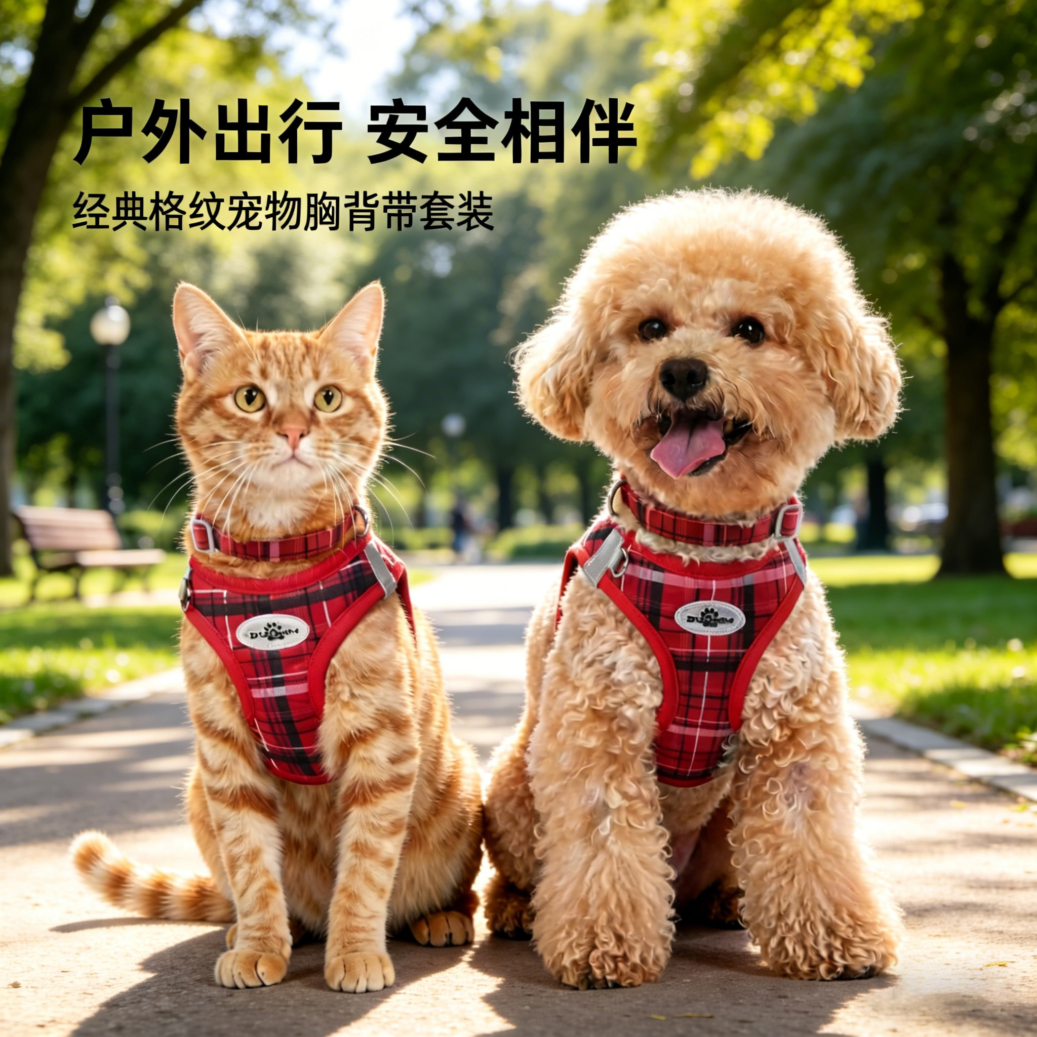 经典格纹狗狗牵引绳胸背带三件套猫咪牵引绳背心式外出遛宠胸背带