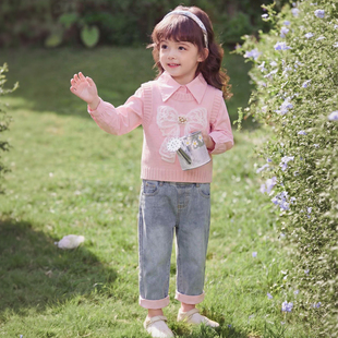 法国童装女童套装2026新款儿童洋气毛衣马甲宝宝婴儿春装衣服